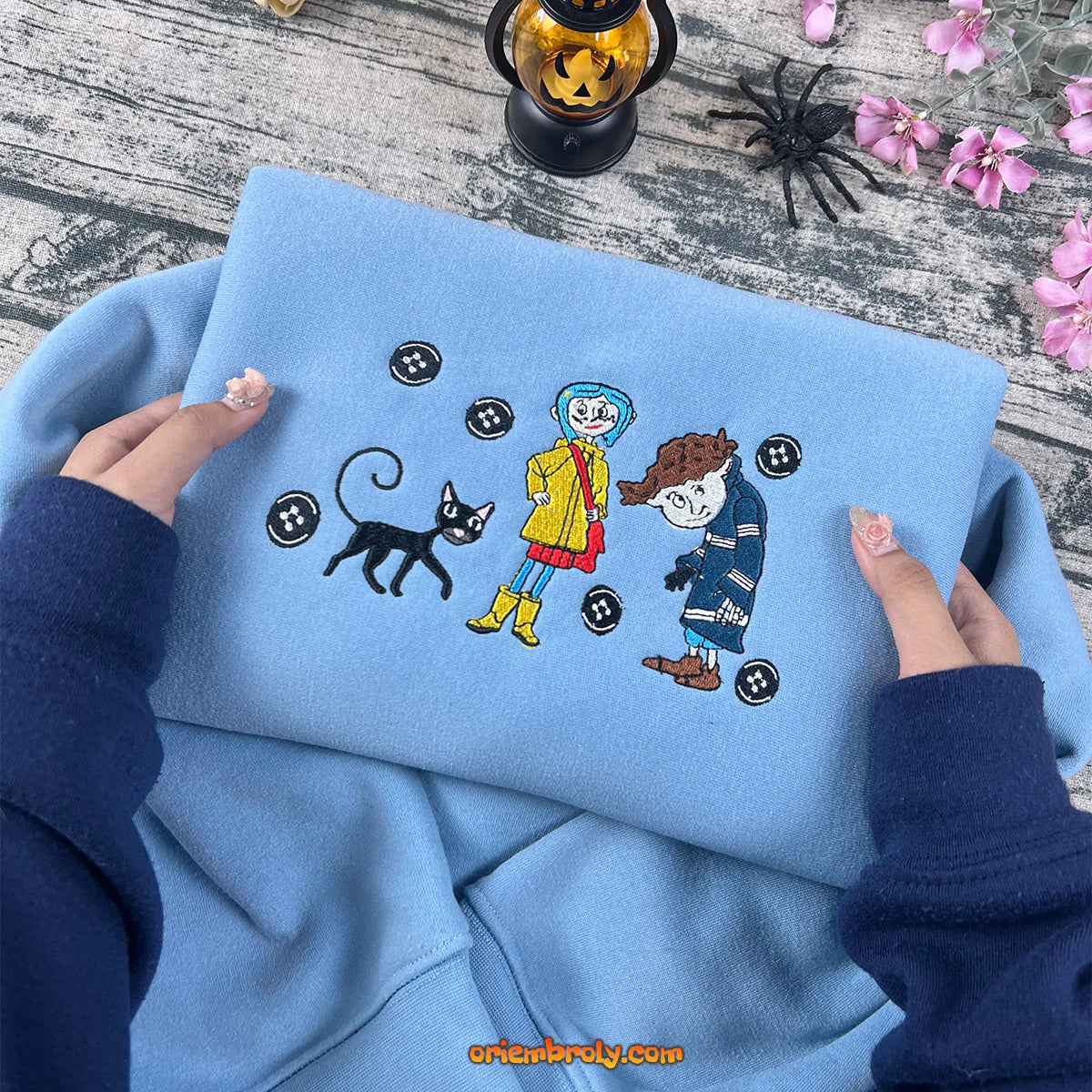 Coraline Embroidered Sweatshirt, Button Eye Hoodie, Spooky Halloween Gift, Aesthetic Coraline Movie Crewneck
