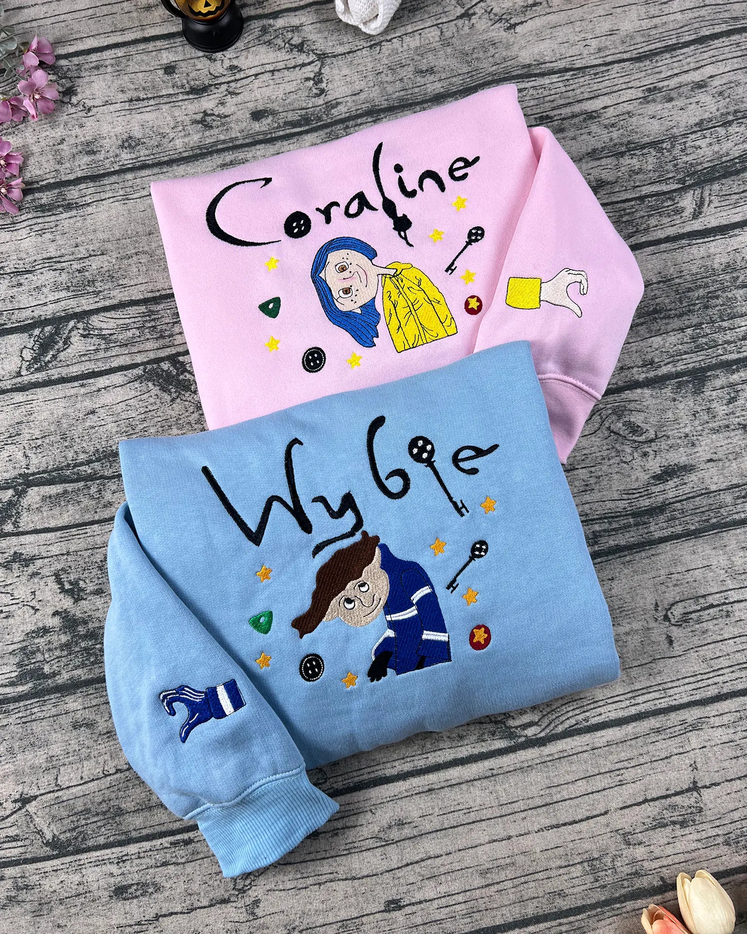 Halloween embroidered sweatshirt with scary doll design, perfect for couples