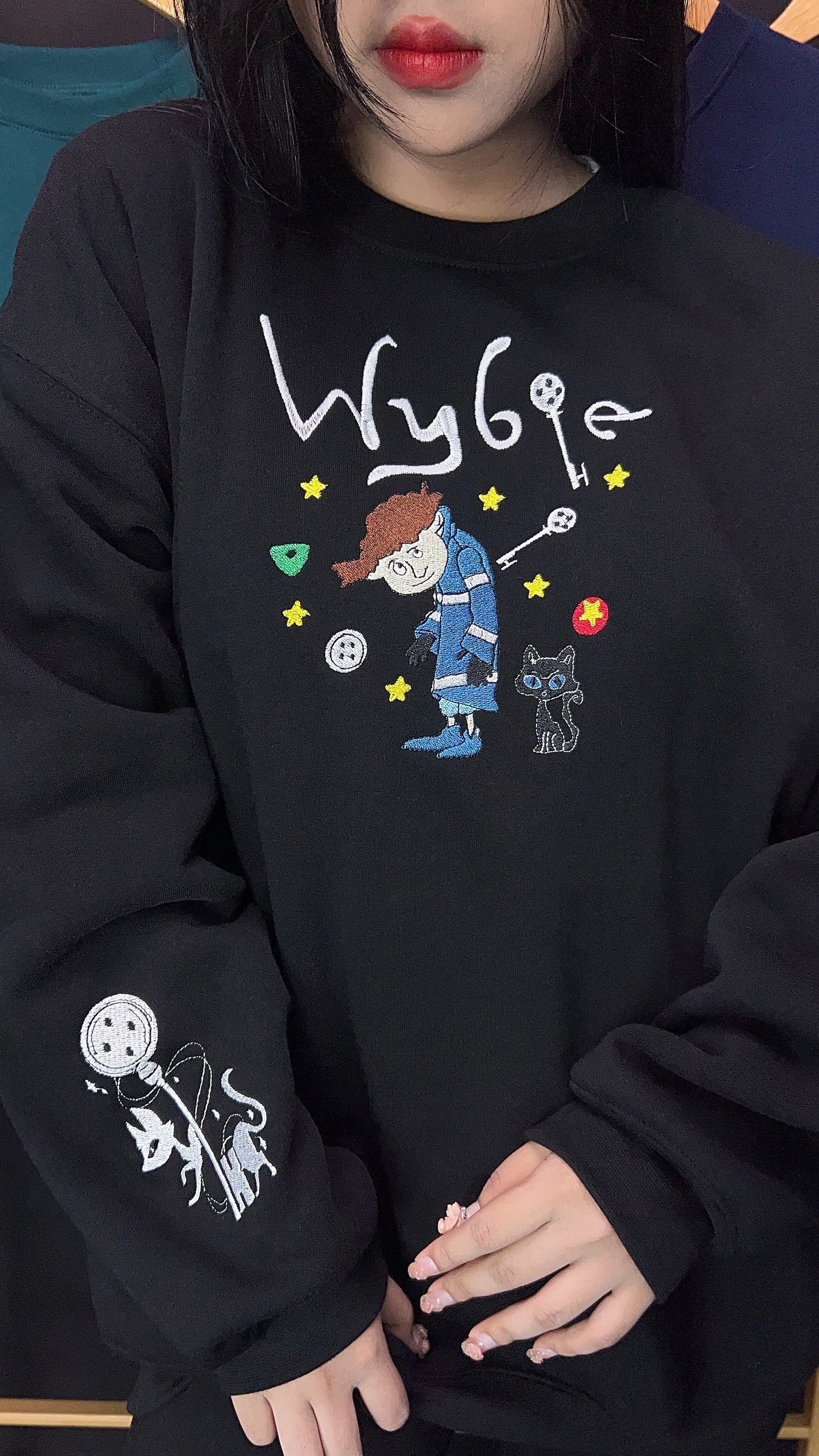 Coraline and Wybie embroidered sweatshirt, scary doll couple Halloween hoodie for horror fans