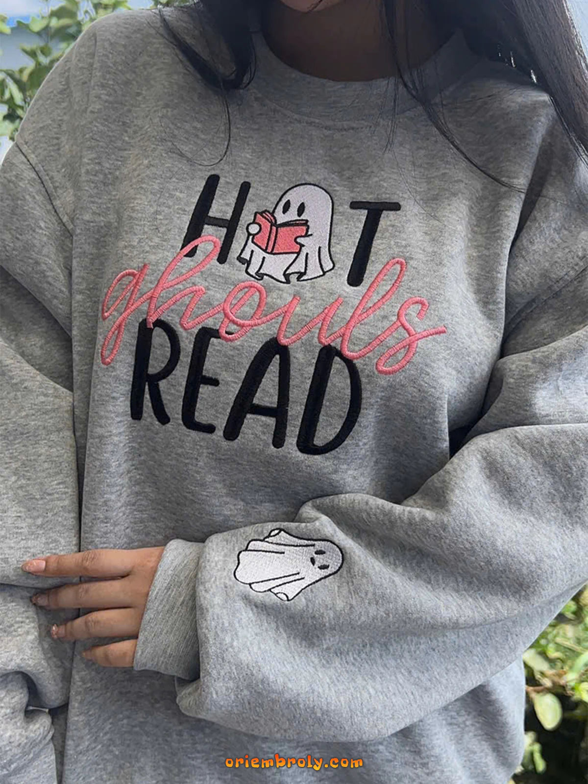 Cozy fall sweatshirt with ghost embroidery and Hot Ghouls Read text for spooky season outfits