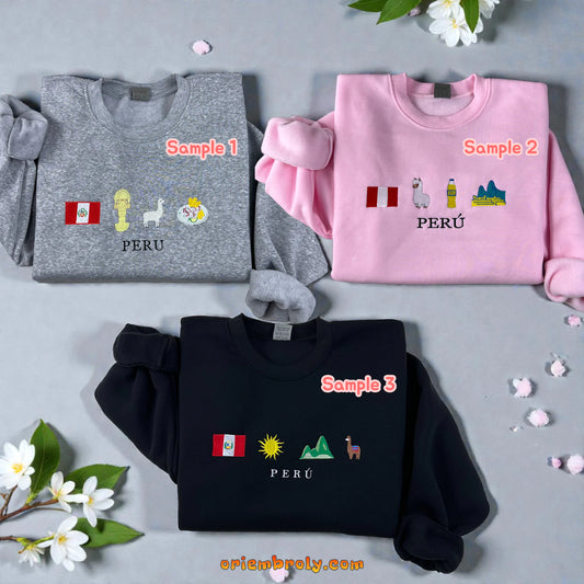 ORI116 Oriembroly Cultural Heritage of Peru embroidered sweatshirt with iconic symbols