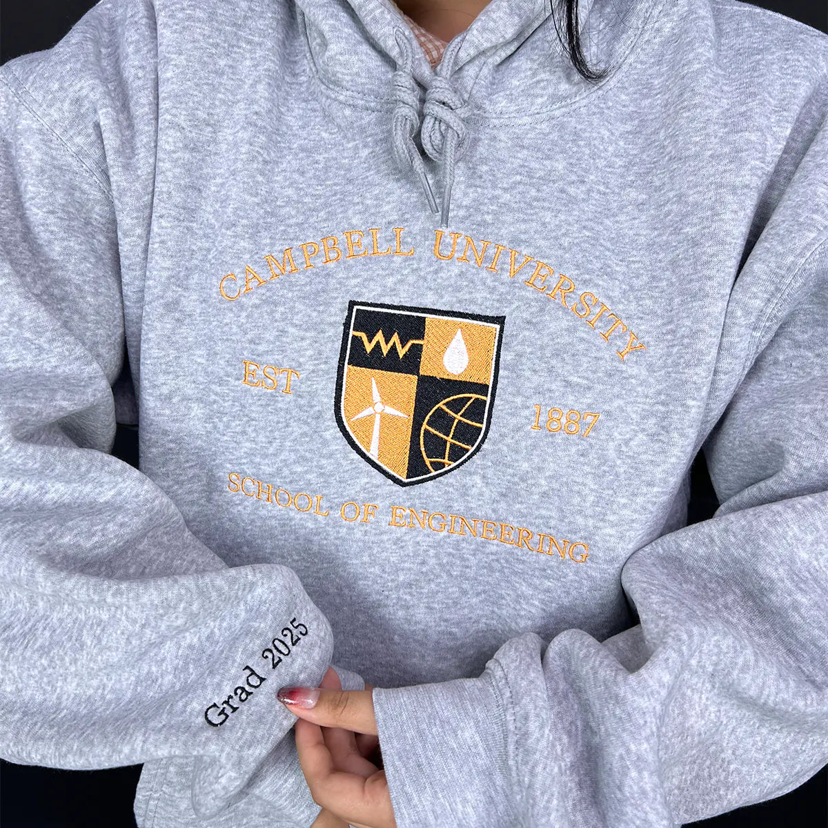 Classic university-style hoodie with custom embroidery