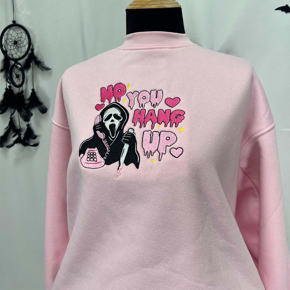 Custom embroidered pink hoodie with Scream Ghostface design and 'No You Hang Up' text