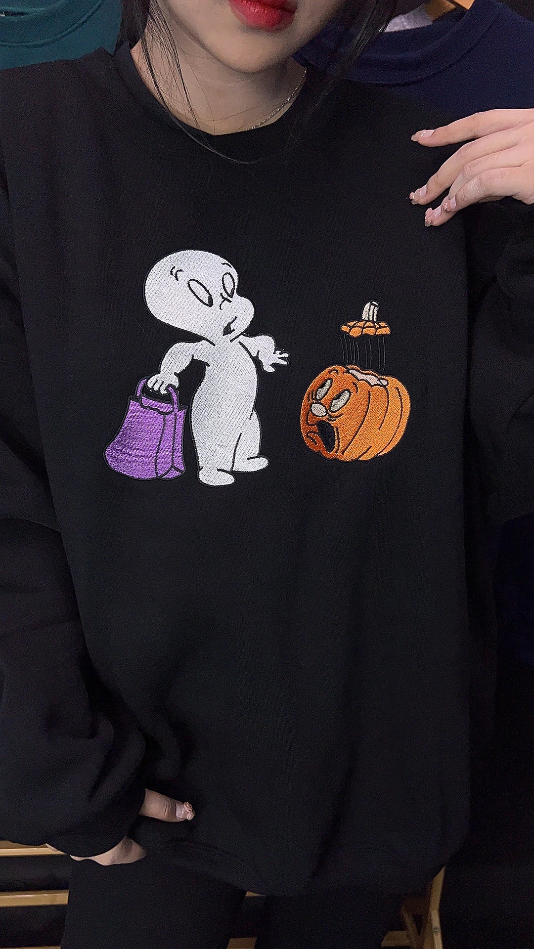 Cute Casper Ghost and Pumpkin Embroidered Halloween Sweatshirt for fall