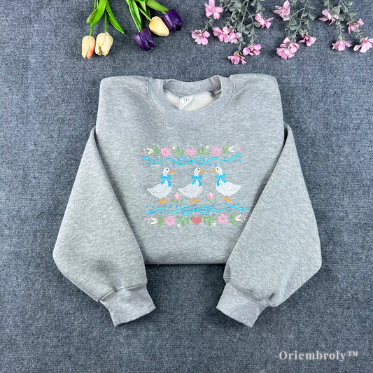 vintage duck embroidered sweatshirt with floral border design