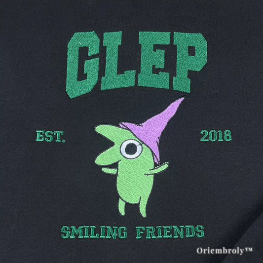 close up satin stitch green character embroidery hoodie