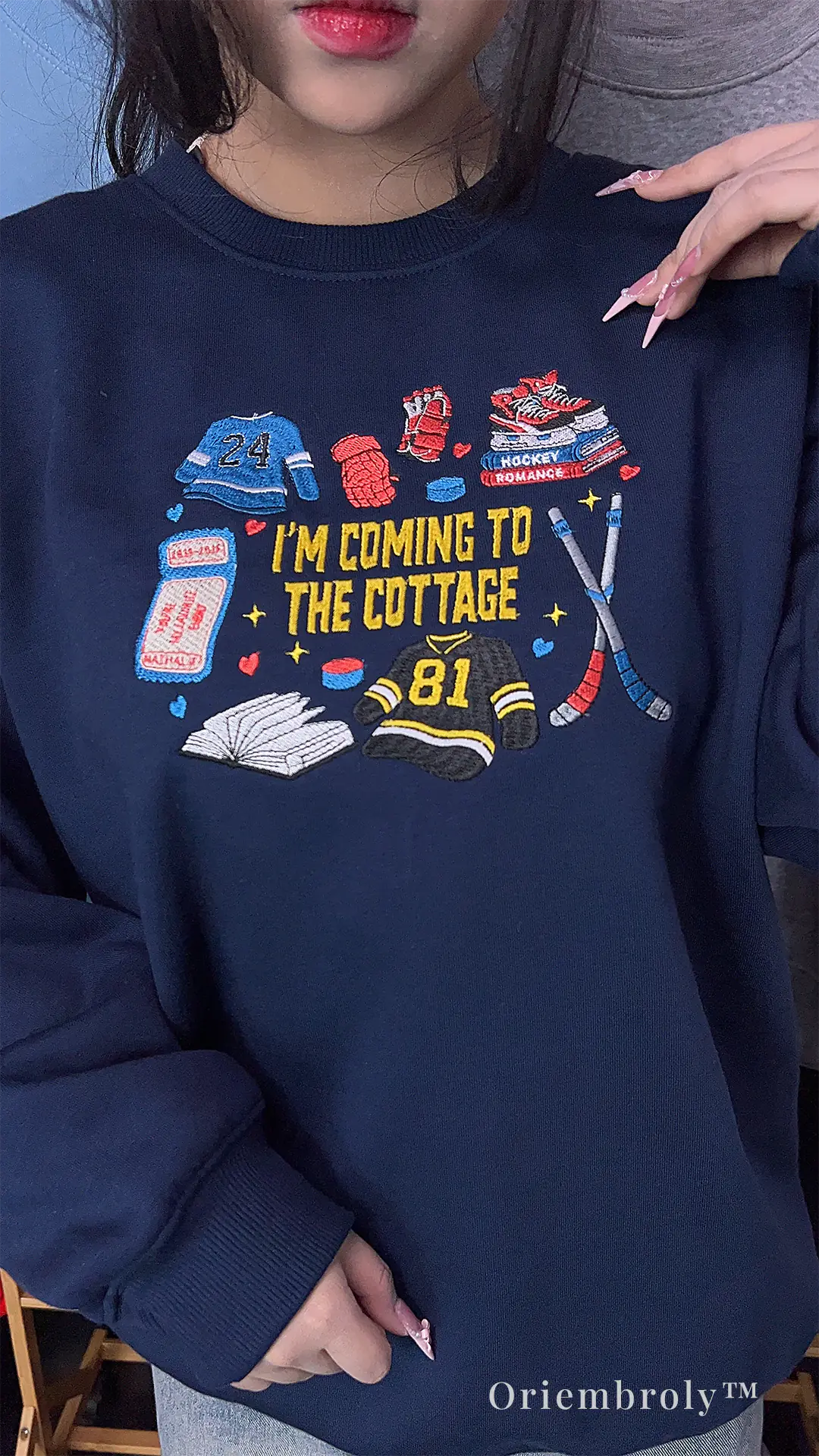 cozy embroidered hockey sweatshirt worn casually