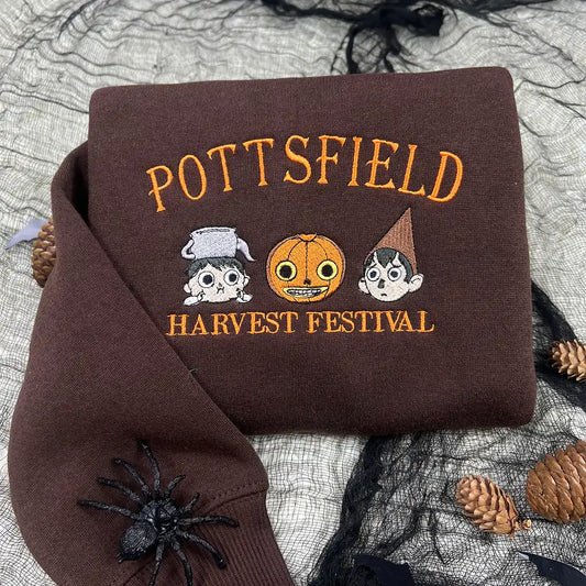 Embroidered Pottsfield Harvest Festival Sweatshirt - Gothic Halloween Pumpkin Skeleton Crewneck