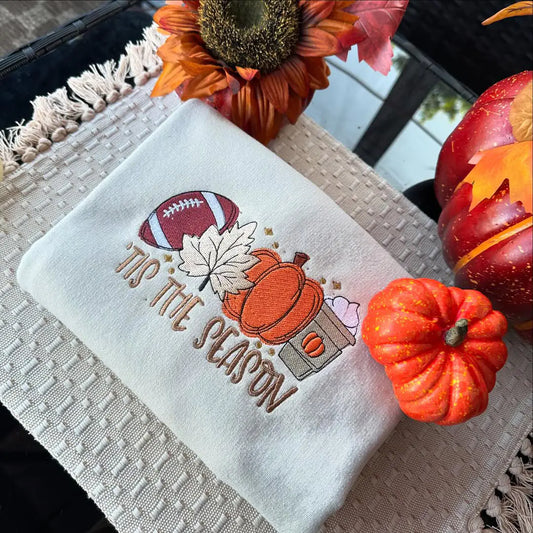 Embroidered Pumpkin Spice Latte Shirt – Tis The Season Shirt, Cozy Fall Tee, Thanksgiving Embroidered Sweatshirt