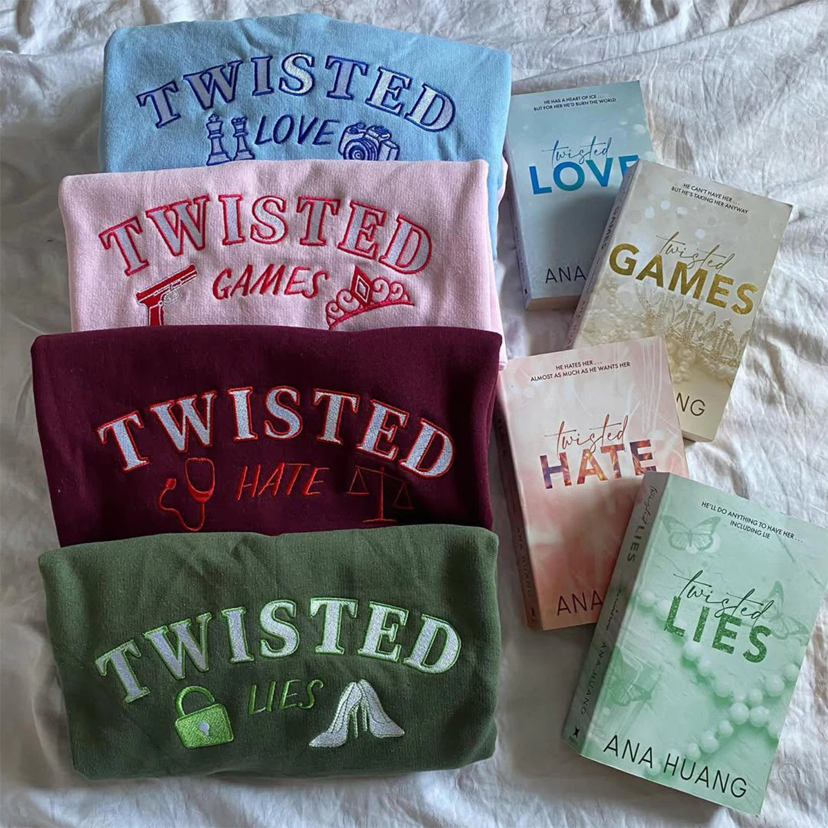 Embroidered Twisted Series sweatshirt featuring Ana Huang's Twisted Love and Twisted Hate, perfect Booktok apparel for fans of romance novels.