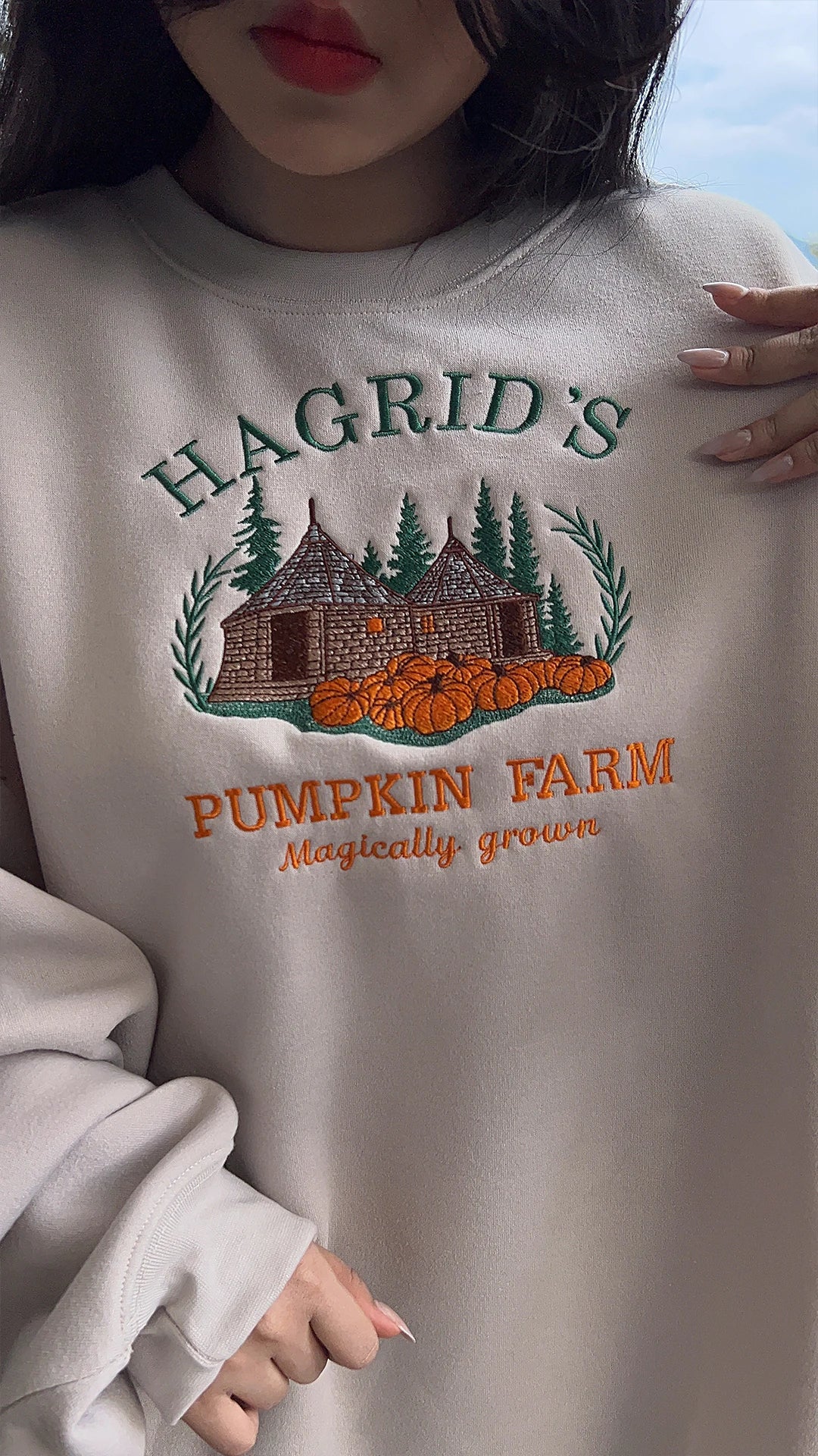 Fall Thanksgiving Hagrid's Pumpkin Farm sweatshirt – embroidered spooky season shirt with pumpkin design