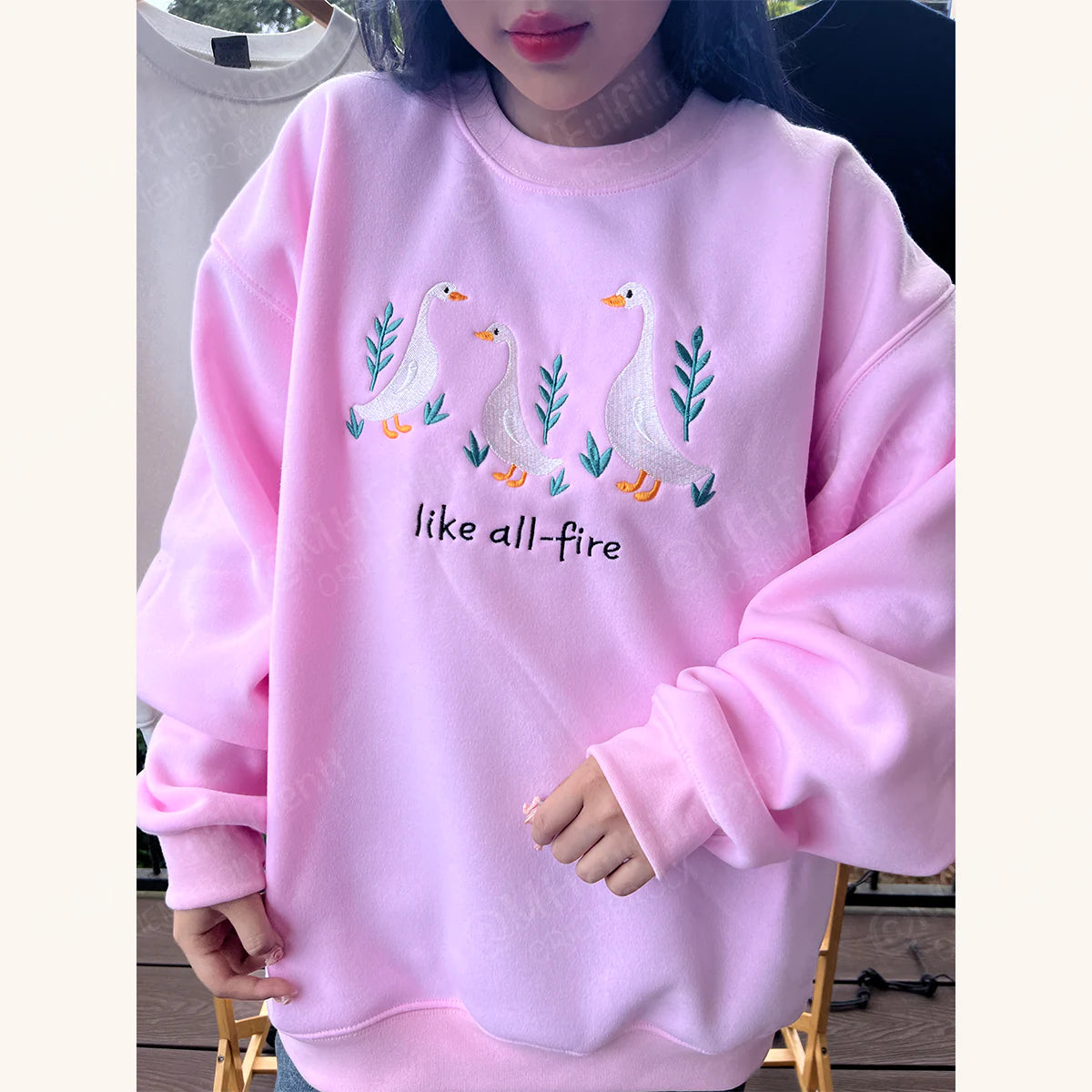 Goose embroidery sweatshirt for fall reading nights