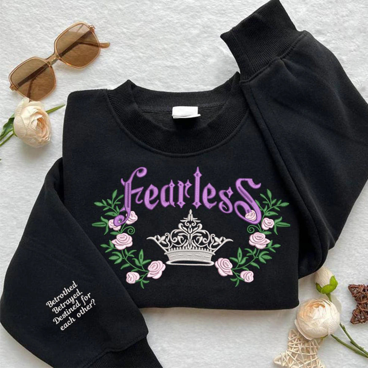 Fearless embroidered sweatshirt featuring Lauren Roberts merch, Powerless Series hoodie with Kai and Paedyn, perfect bookish sweater for fantasy fans.