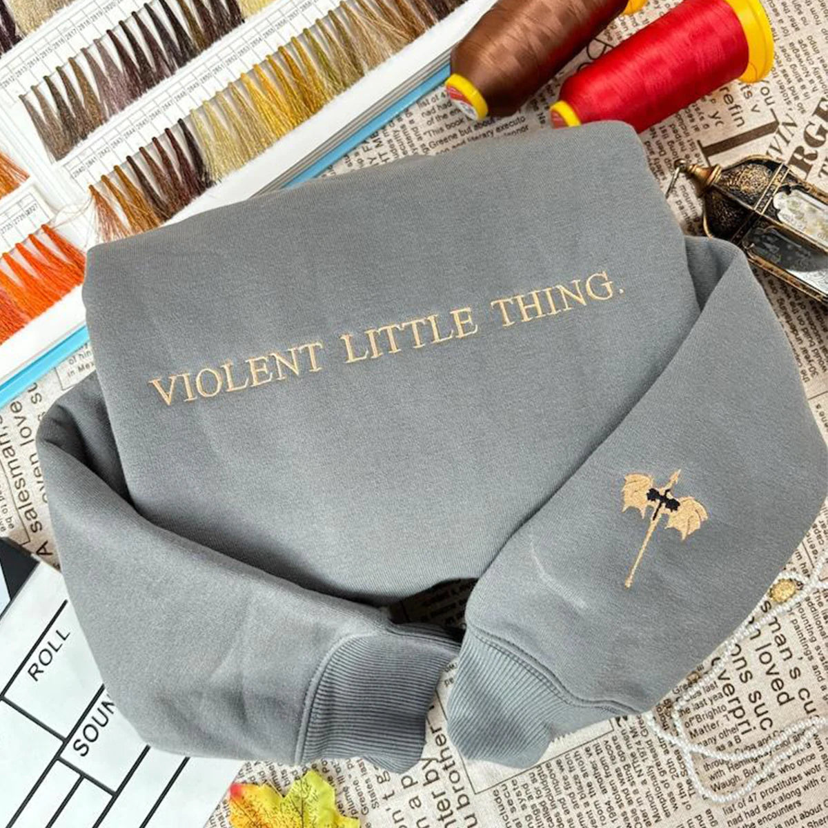 Feminine streetwear embroidered sweatshirt, Violent Little Thing women's hoodie with crewneck, ideal for trendy fashion fans.