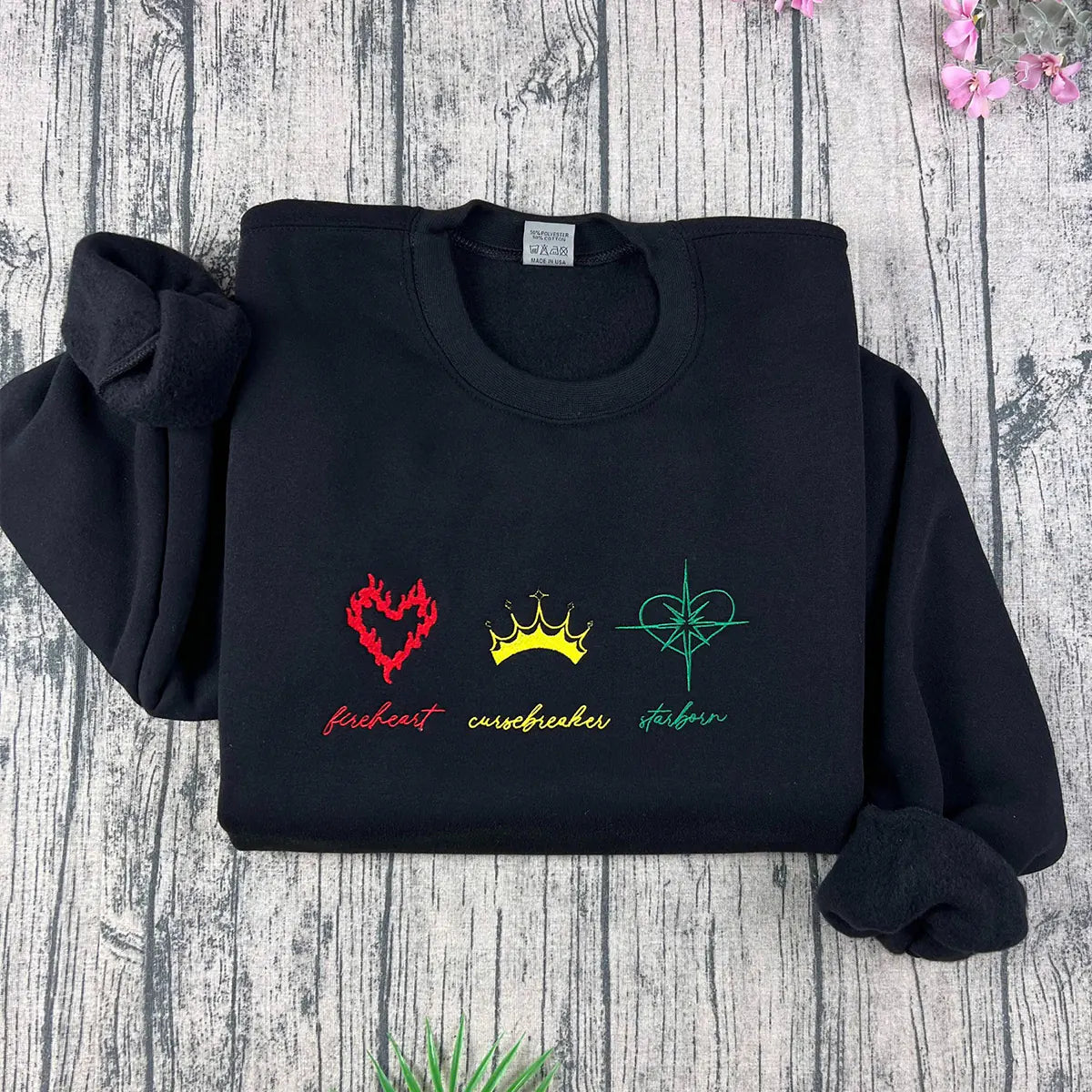 Fireheart embroidered sweatshirt from Throne of Glass featuring Empire of Storms and Heir of Fire designs. Perfect gift for book lovers.