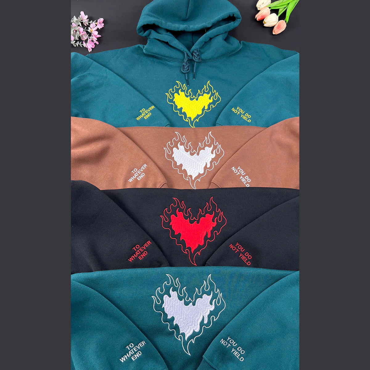 To Whatever End hoodie, Fireheart Lemon embroidered design, perfect Throne of Glass merch for book lovers and fantasy readers.