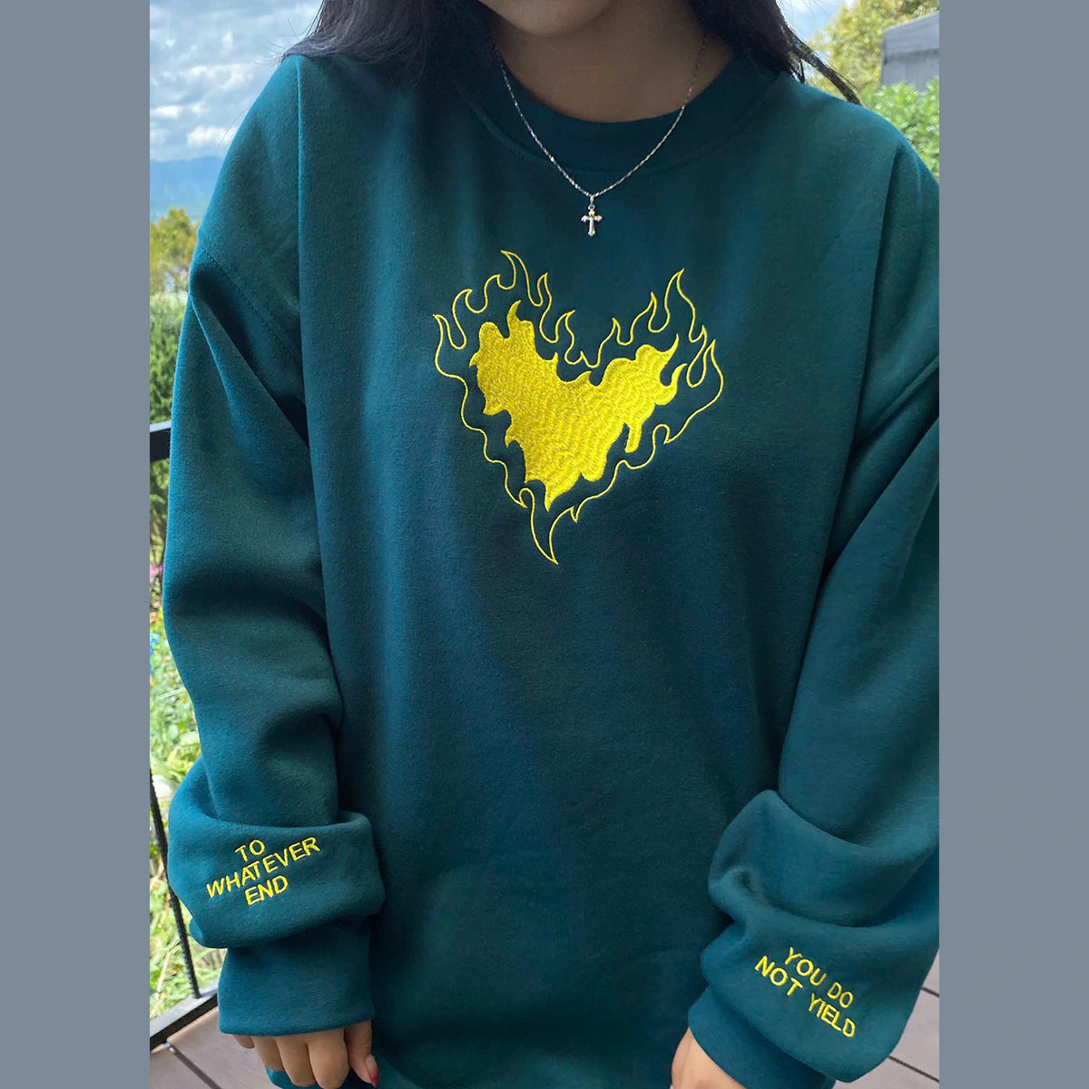 Fireheart Lemon Throne of Glass hoodie, embroidered To Whatever End design, bookish apparel for readers.
