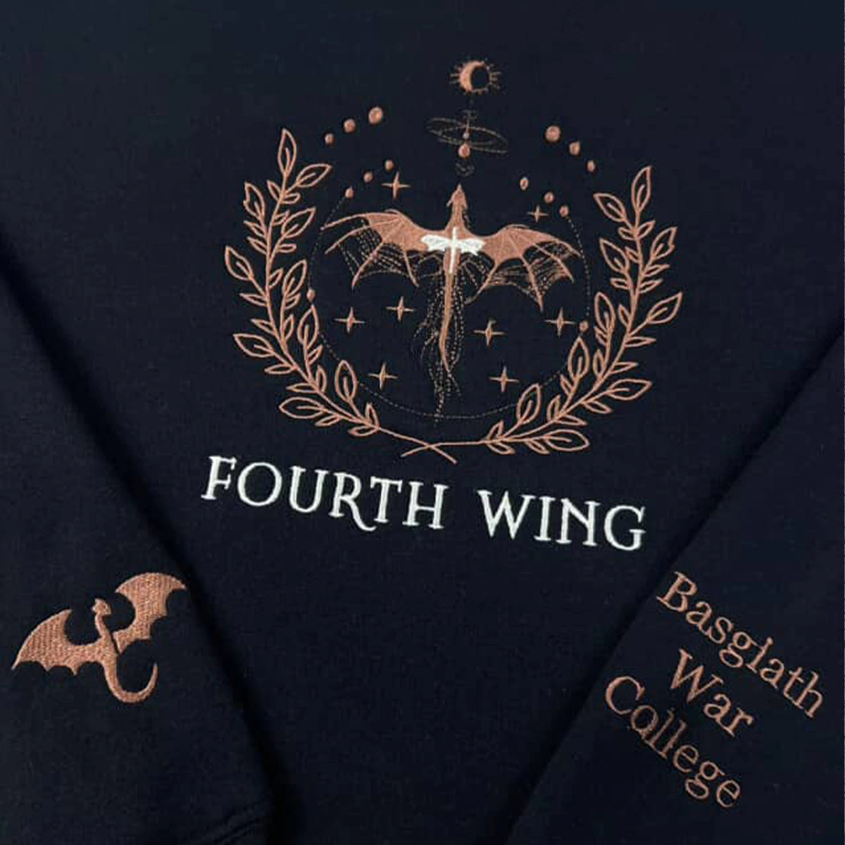 Black shirt with 'Fourth Wing' and 'Basgalth War College' text and dragon design.