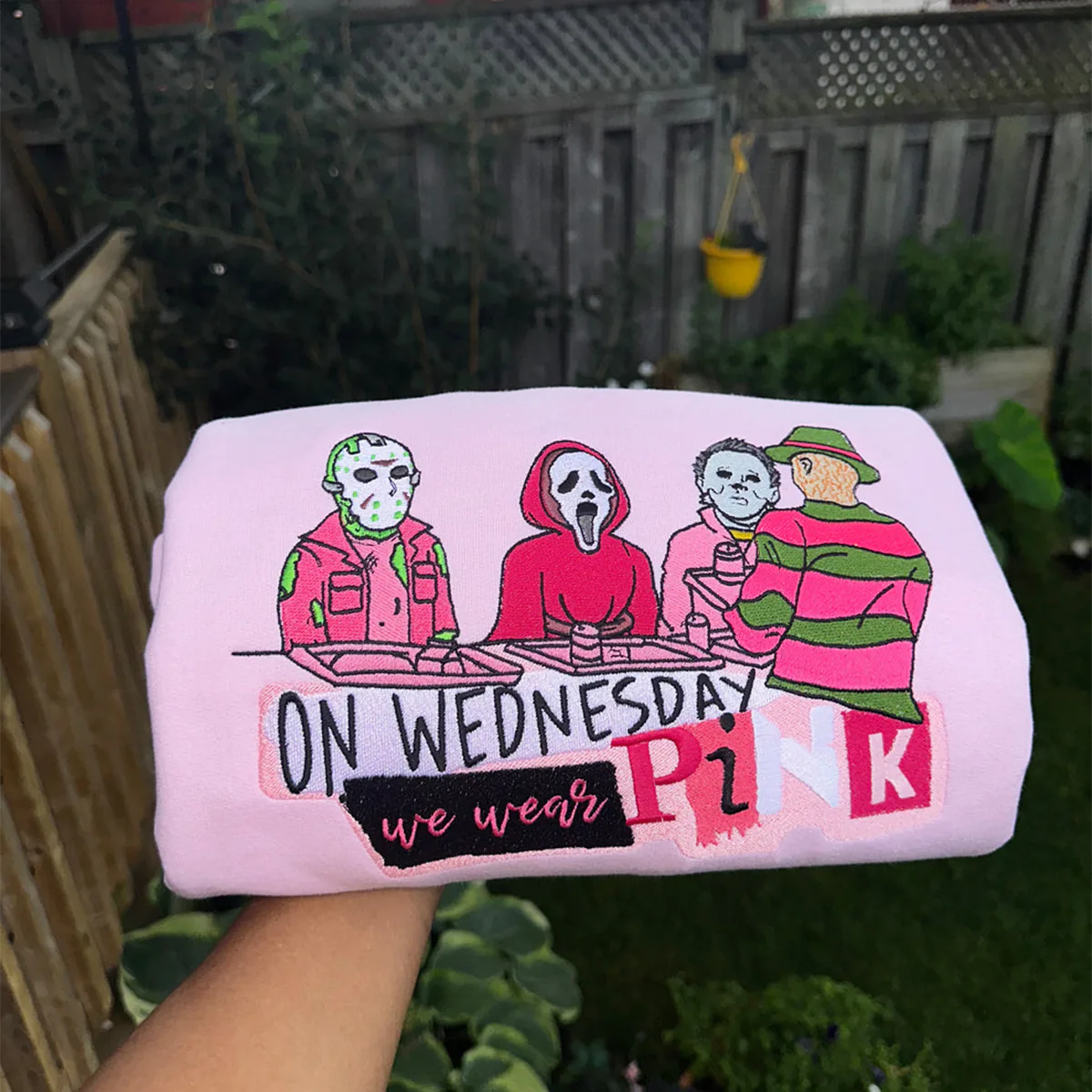 Wednesdays We Wear Pink embroidered Halloween sweatshirt