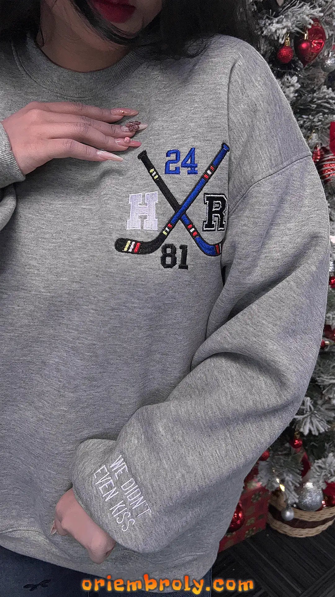 Oriembroly embroidered hockey romance pullover