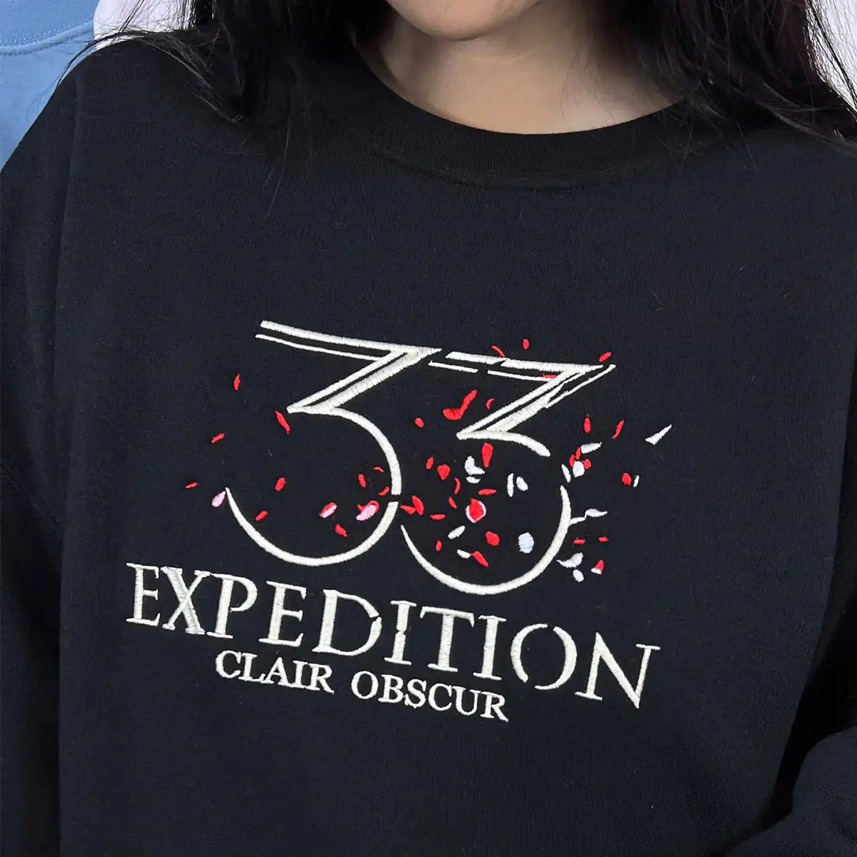 Black sweatshirt with '33 Expedition Clair Obscur' design on a person wearing it.