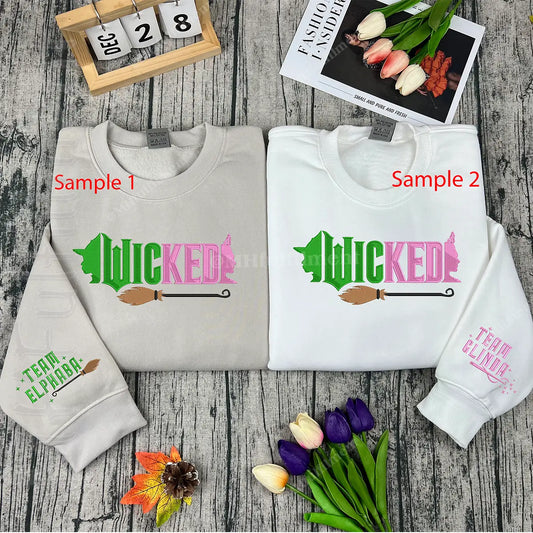 Elphaba and Glinda embroidery on Wicked fan sweatshirt