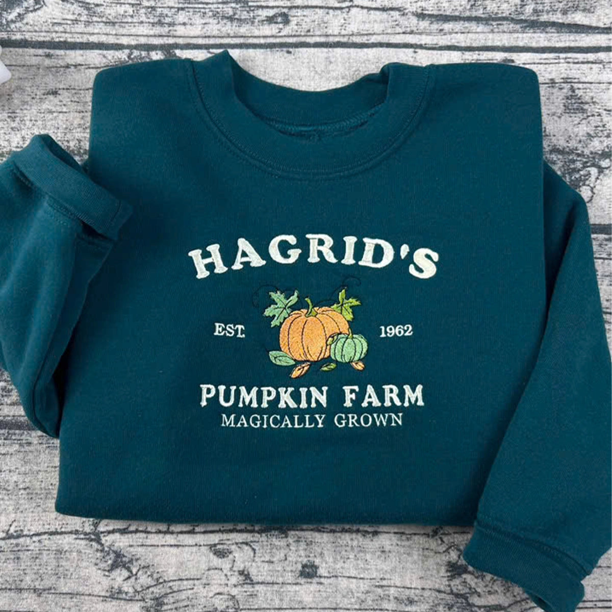 Teal sweatshirt with 'Hagrid's Pumpkin Farm' text and pumpkins on a wooden surface