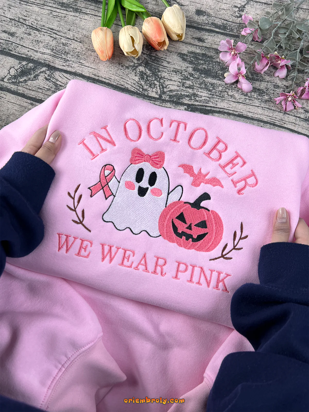 Pink Halloween hoodie with ghost and pumpkin embroidery