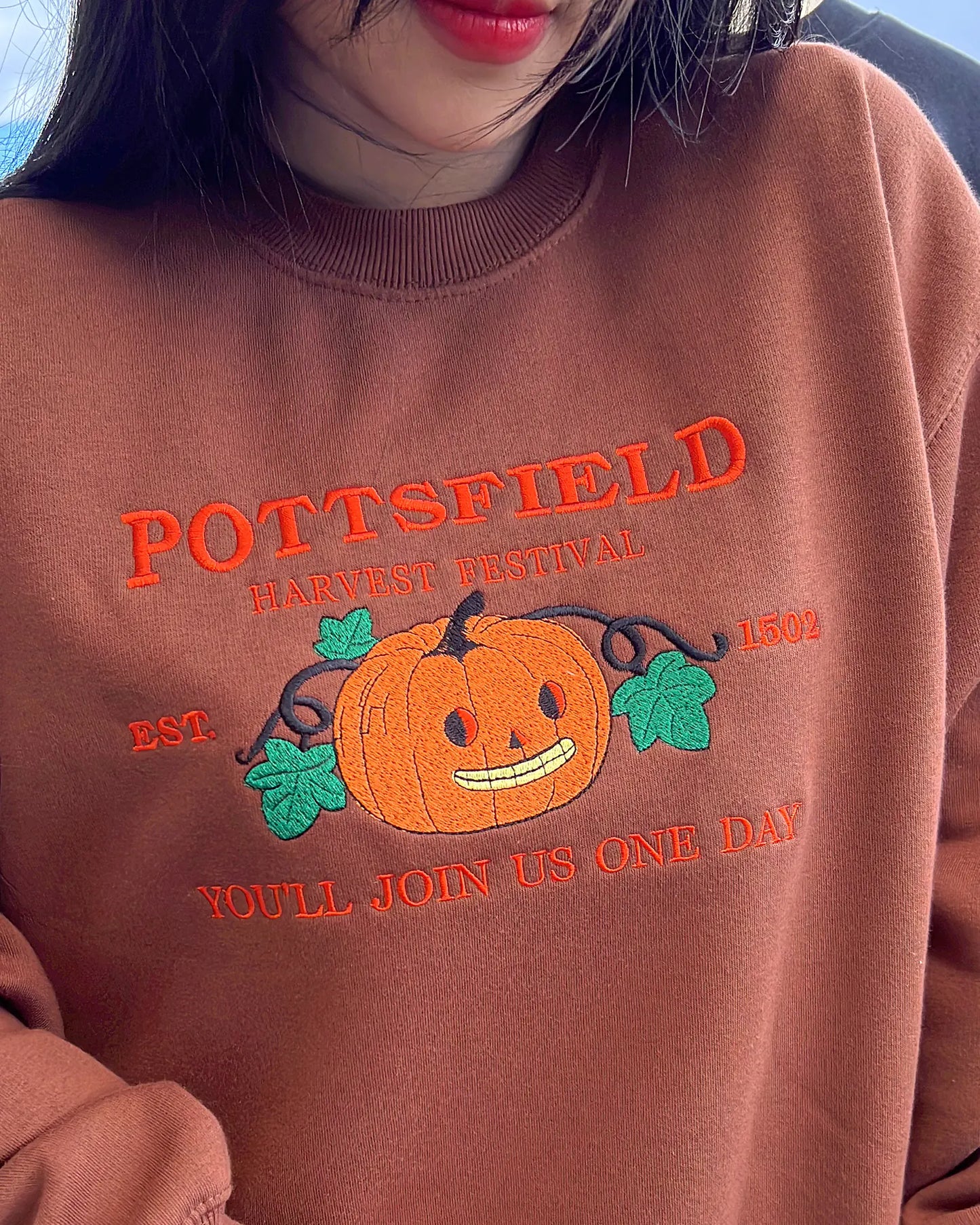 Halloween harvest festival sweatshirt with detailed embroidered pumpkin and skeleton motif