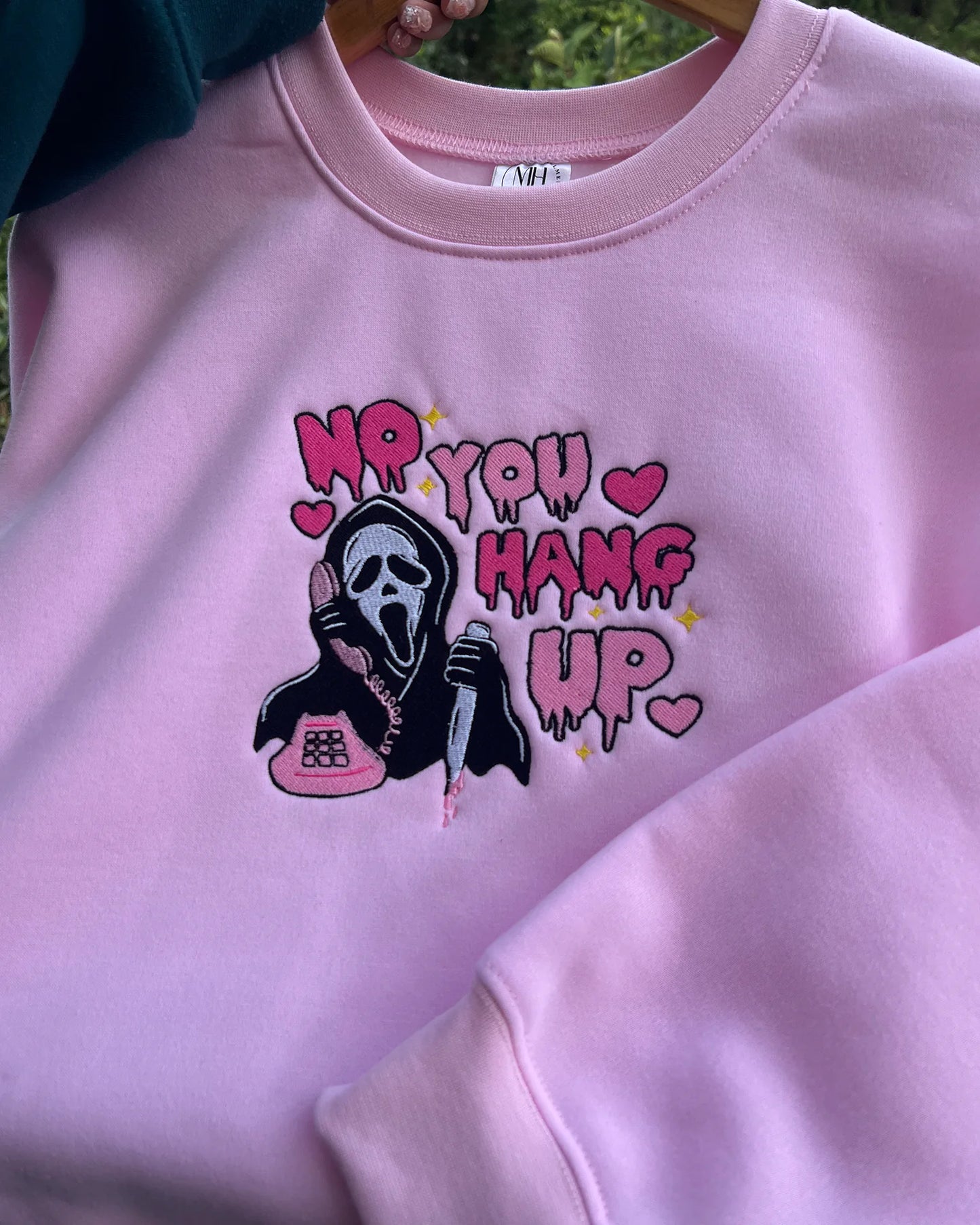 Halloween horror movie pink hoodie with Ghostface βNo You Hang Upβ design