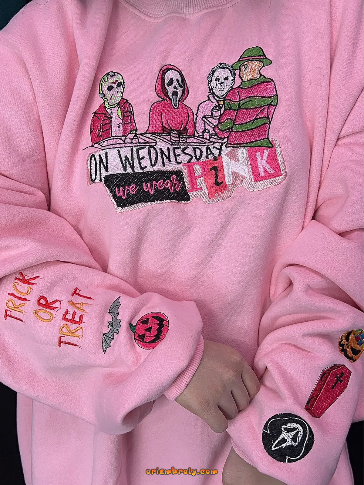 Cozy pink embroidered sweatshirt horror movie gift