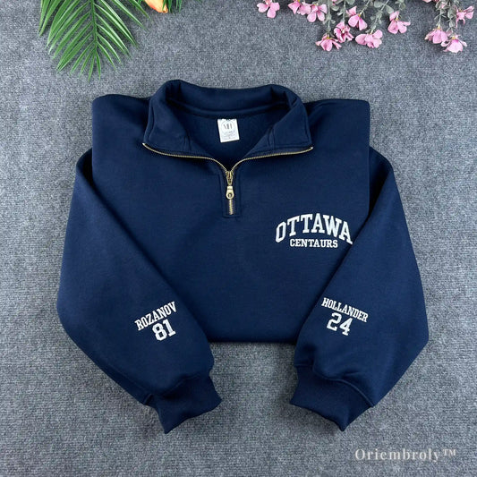 hockey quarter zip sweatshirt navy embroidered varsity style