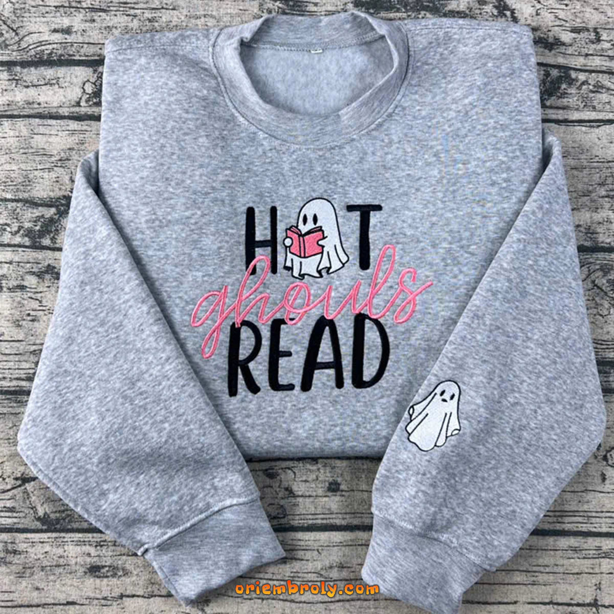 Hot Ghouls Read embroidered sweatshirt with cute ghost reading book – perfect for book lovers and Halloween style
