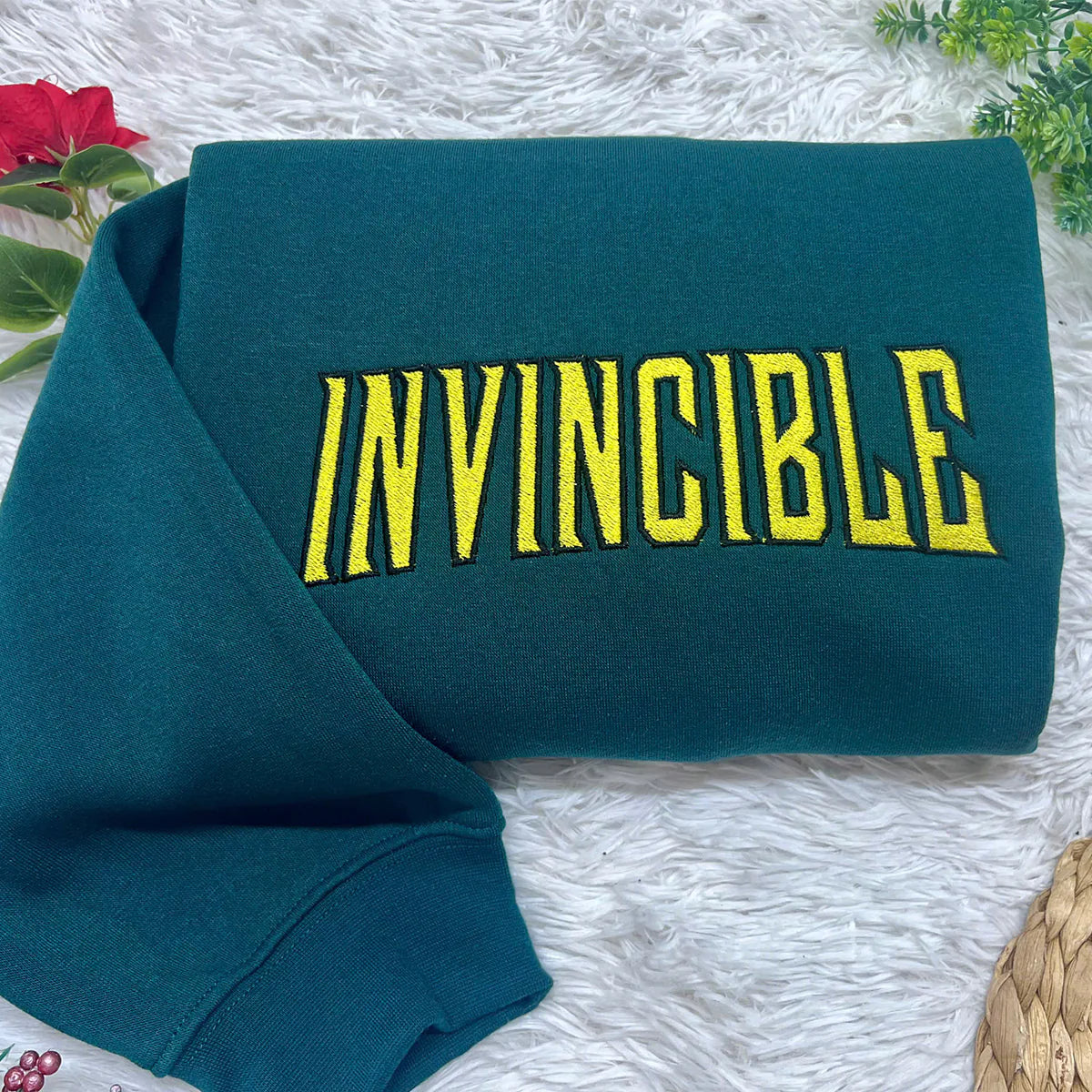 Invincible Mark superhero embroidered sweatshirt with vintage comic book style, unisex crewneck tee for fans