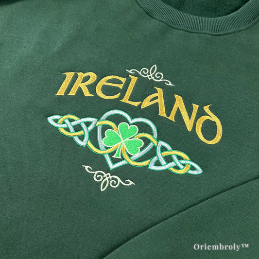 close up shamrock embroidery with Celtic knot design