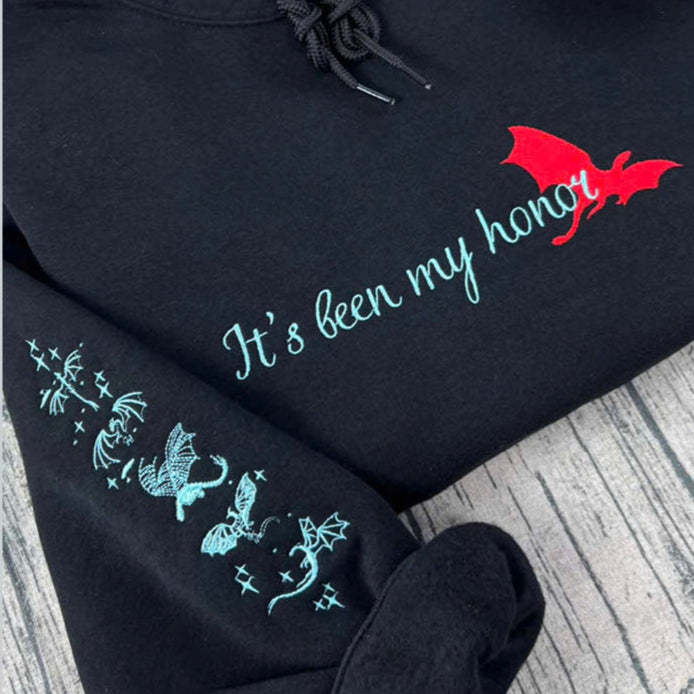 Fourth Wing hoodie with embroidered "It's Been My Honor" design, Riorson House shirt, ideal for fantasy lovers and fans of Liam & Onyx Storm.
