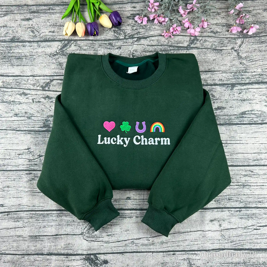 lucky charm embroidered sweatshirt with shamrock heart horseshoe and rainbow