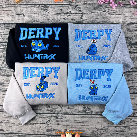 Derpy Huntrx Embroidered Sweatshirt, Derpy Cat Sweater EST. 2025, Funny Embroidery Unisex Pullover