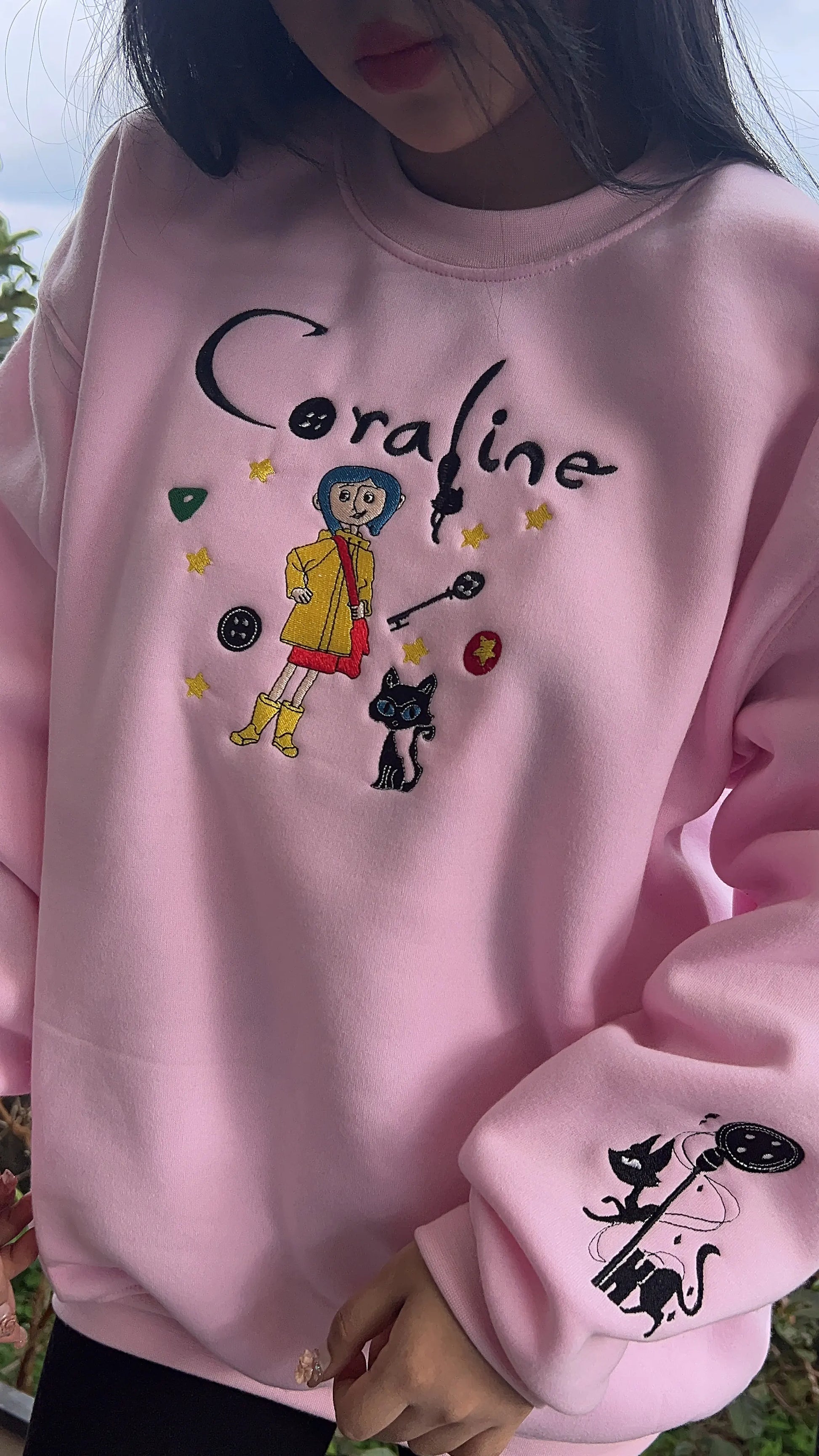 Matching horror cartoon sweaters, Coraline and Wybie Halloween embroidered hoodies for couples