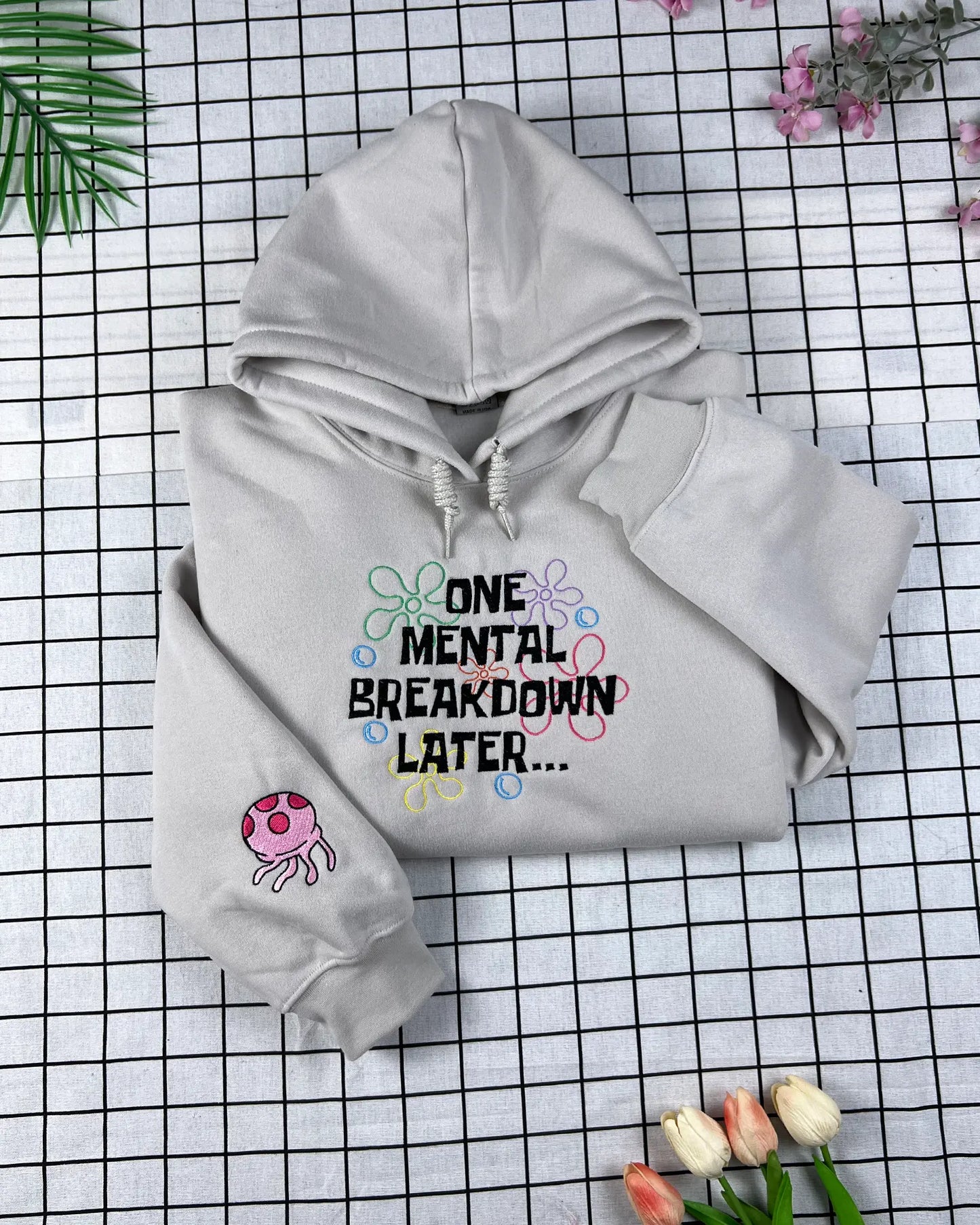 Embroidered hoodie with mental health quote – great for self-care gifts