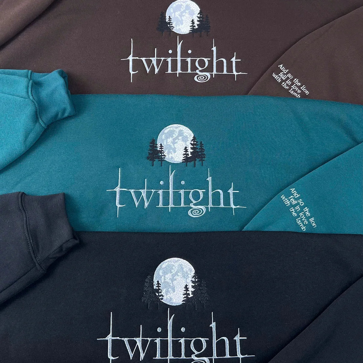 Twilight-themed bedding set with moon and tree design on a brown, blue, and black background.