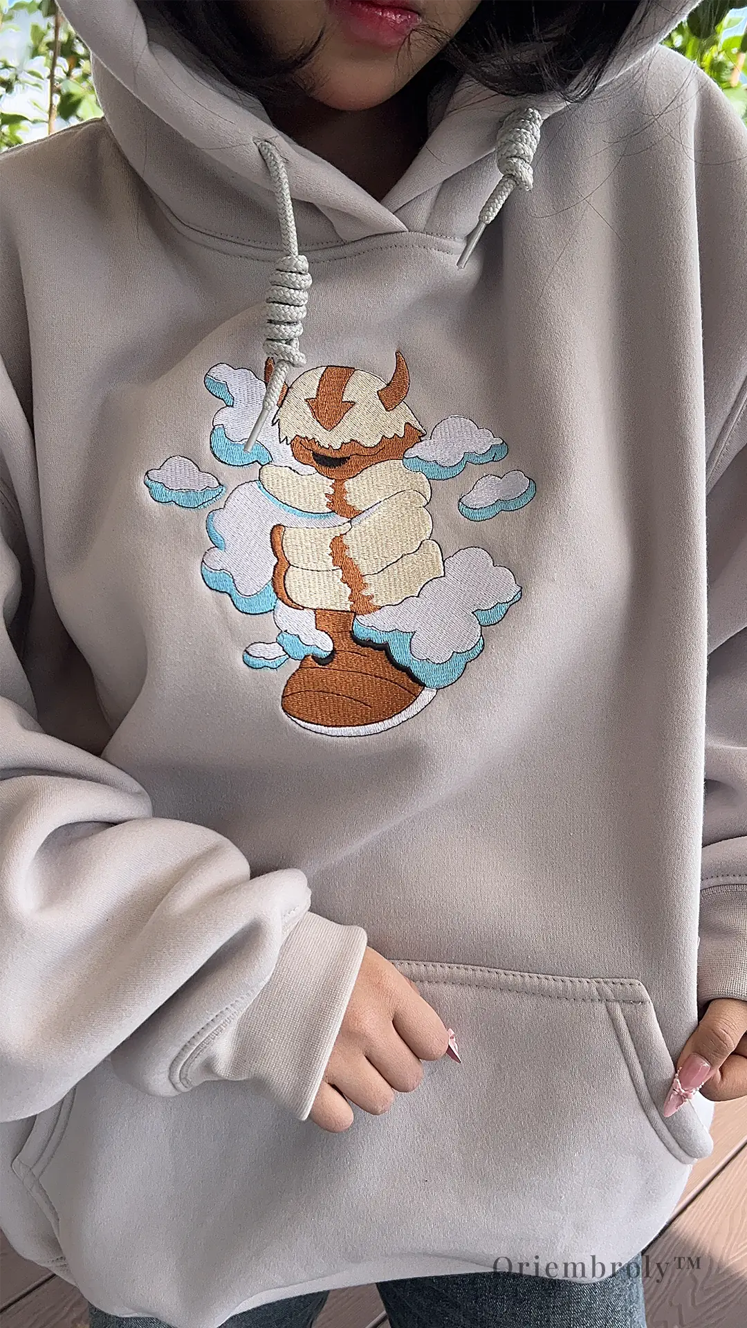 Oriembroly Bison Cloud anime inspired embroidered hoodie Model