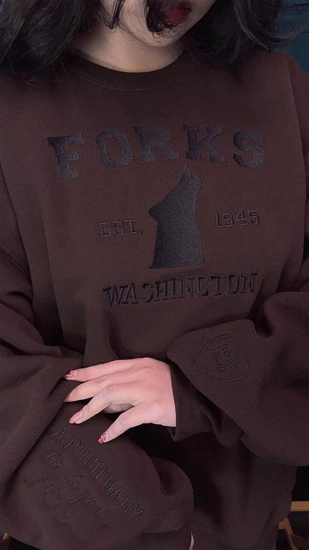 Pacific Northwest inspired wolf embroidered sweatshirt