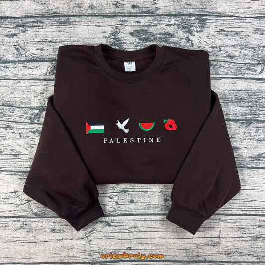 Embroidered Palestine sweatshirt with watermelon and dove symbols