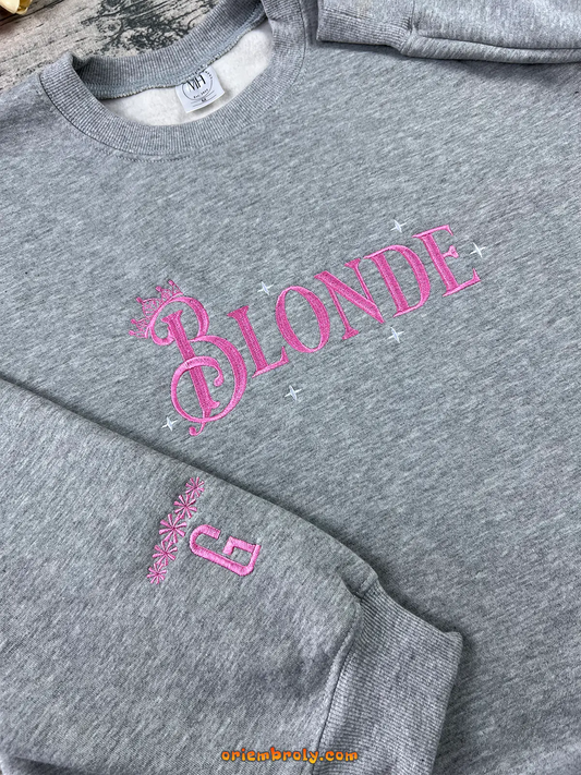 Pink embroidered sweatshirt with initial cuff detail
