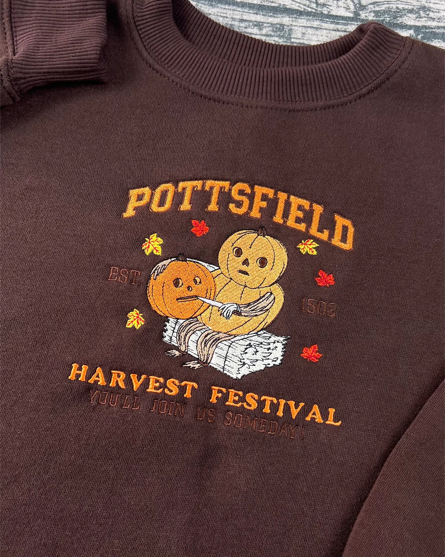 Pottsfield Harvest Festival embroidered tee with pumpkin and fall season design.