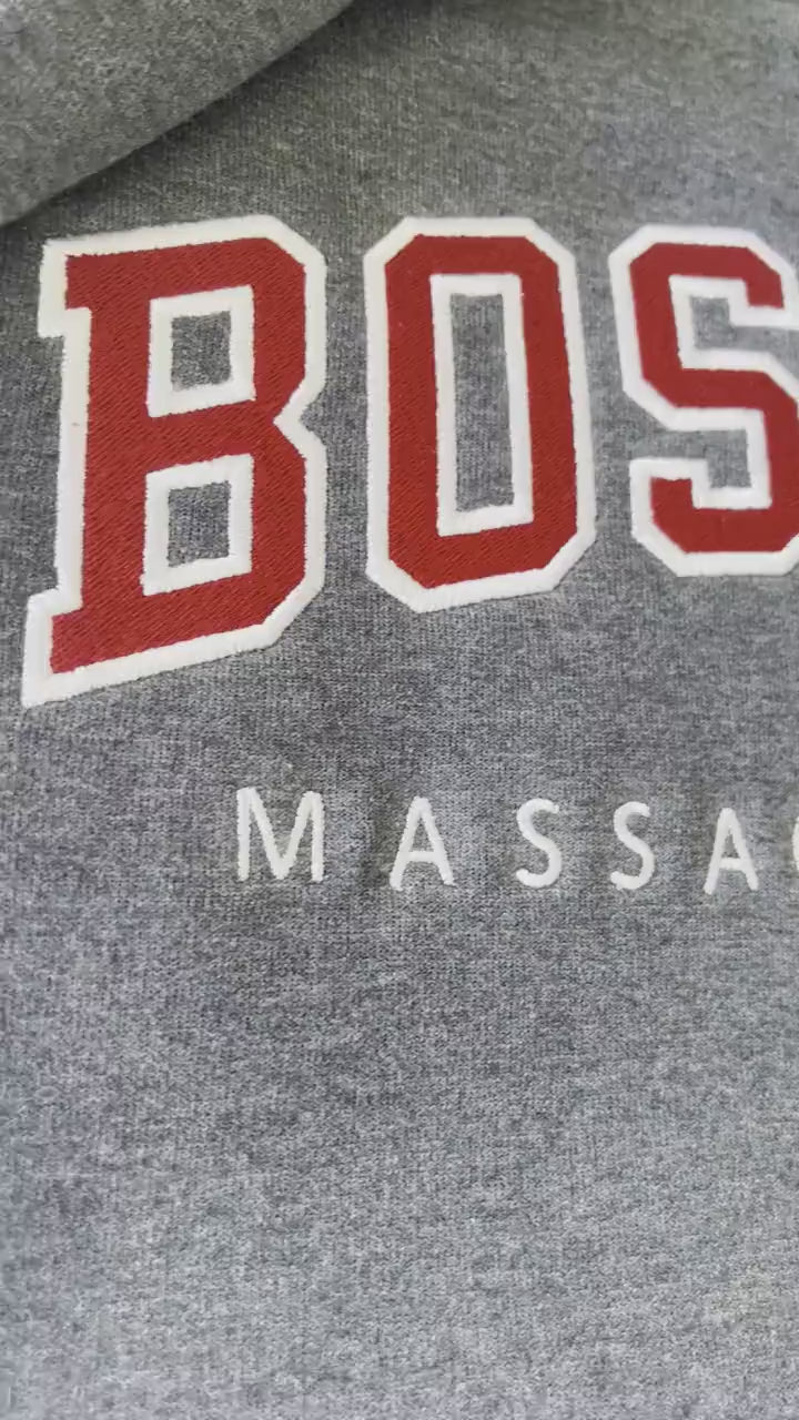 Personalized varsity sweatshirt featuring Boston University embroidery