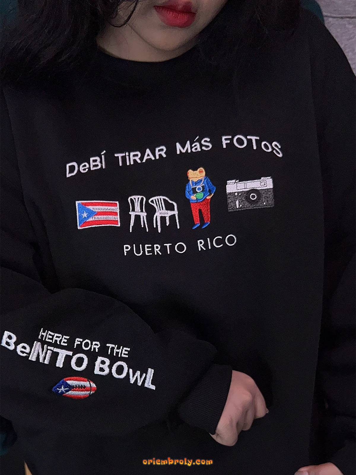 Close-up of the embroidered Puerto Rico logo and texture on the sweatshirt fabric