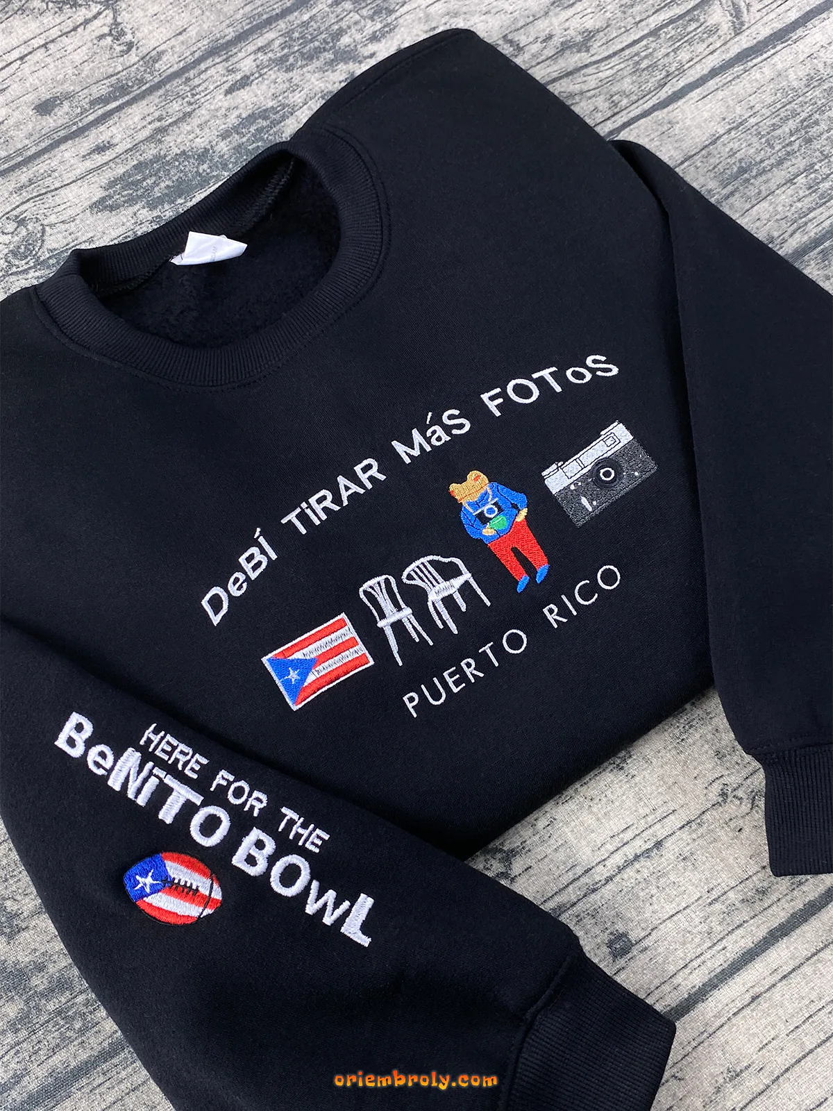 Detailed embroidery close-up of Puerto Rico Fan Game sweatshirt, showing fine stitchwork