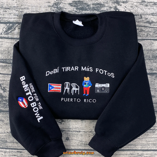 Front view of Puerto Rico Fan Game embroidered sweatshirt with vibrant stitched design